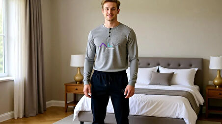 Erkek Pamuklu Gri Melanj - Lacivert Renk Pijama Takımı AL009