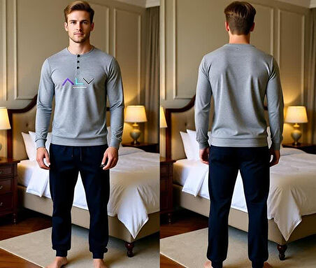 Erkek Pamuklu Gri Melanj - Lacivert Renk Pijama Takımı AL009