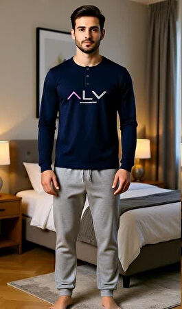 Erkek Pamuklu Lacivert Renk Pijama Takımı AL009-2