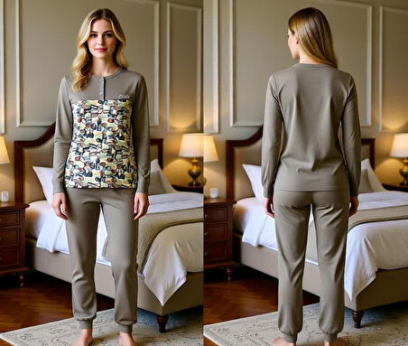 Kadın Pamuklu Açık Kahve Renk Pijama Takımı AL501