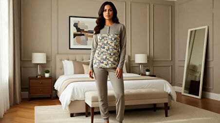 Kadın Pamuklu Açık Kahve Renk Pijama Takımı AL501