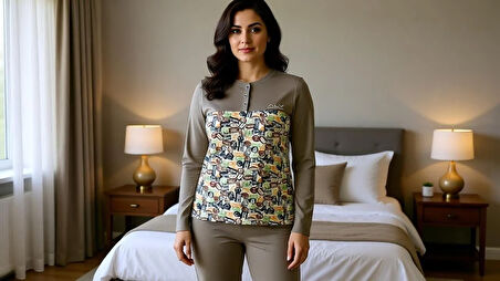 Kadın Pamuklu Açık Kahve Renk Pijama Takımı AL501