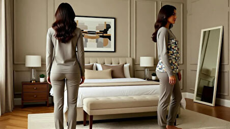 Kadın Pamuklu Açık Kahve Renk Pijama Takımı AL501