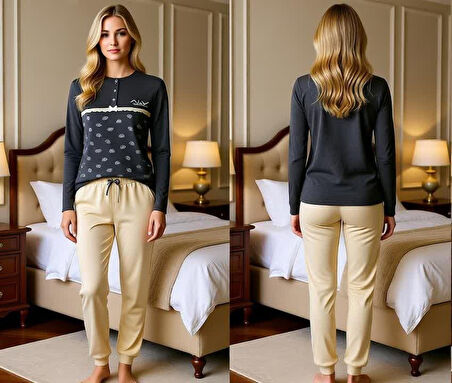 Kadın Pamuklu Gri Melanj Desenli Renk Pijama Takımı AL506-2