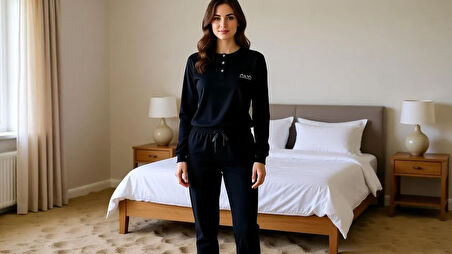 Kadın Pamuklu Lacivert Renk Pijama Takımı AL507