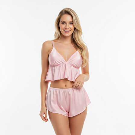 Kadın Çapraz Askı Detaylı Saten Şortlu 2 li Set BB2051