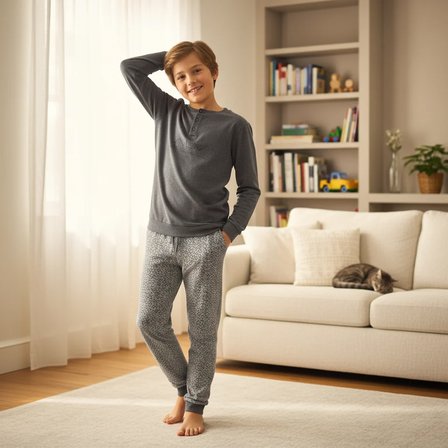 Genç Erkek Pamuklu Gri Melanj Renk Pijama Takımı AL001 V2 BB2432