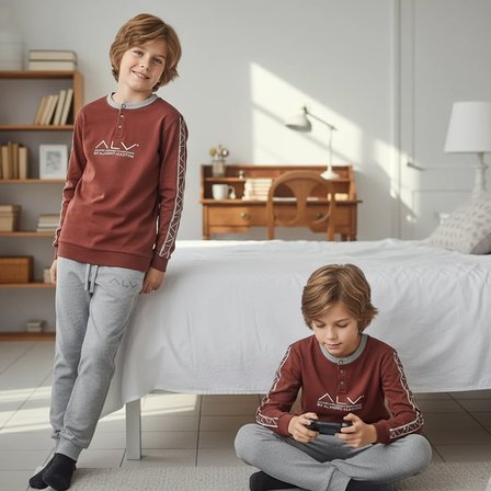 Genç Erkek Pamuklu Kahve Desenli Renk Pijama Takımı AL003 V1 BB2434