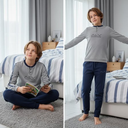 Genç Erkek Pamuklu Gri Melanj - Lacivert Renk Pijama Takımı AL003 V2 BB2435
