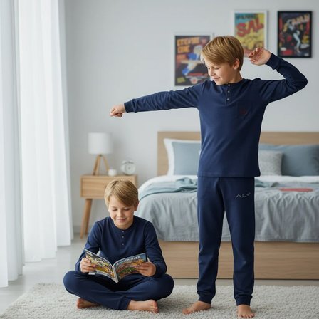 Genç Erkek Pamuklu Lacivert Renk Pijama Takımı AL007 V1 BB2436