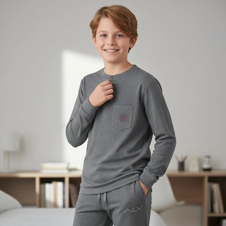 Genç Erkek Pamuklu Koyu Gri Renk Pijama Takımı AL007 V2 BB2437