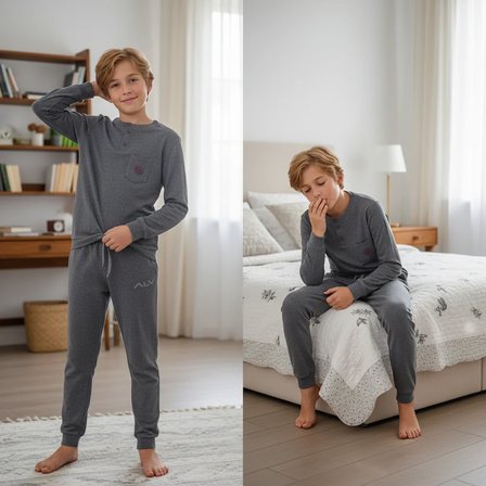 Genç Erkek Pamuklu Koyu Gri Renk Pijama Takımı AL007 V2 BB2437