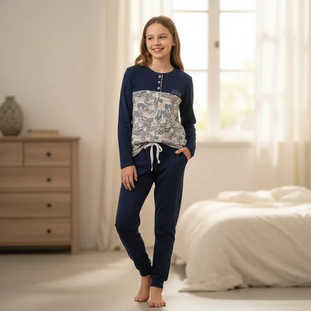 Genç Kız Pamuklu Lacivert - Desenli Renk Pijama Takımı AL501 V2 BB2443