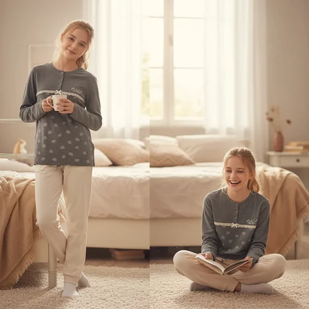 Genç Kız Pamuklu Gri Melanj Desenli Renk Pijama Takımı AL506 V2 BB2445