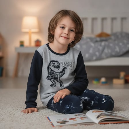 Çocuk Gri Renk Dinazor Baskılı Polar 2'li Takım CB1031