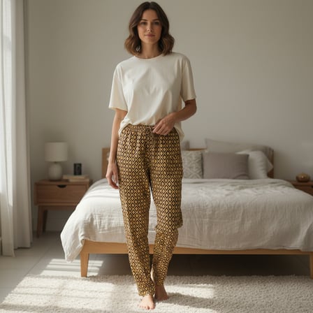Kadın Likralı Sarı Mor Desenli Saten Pijama Altı BB2611