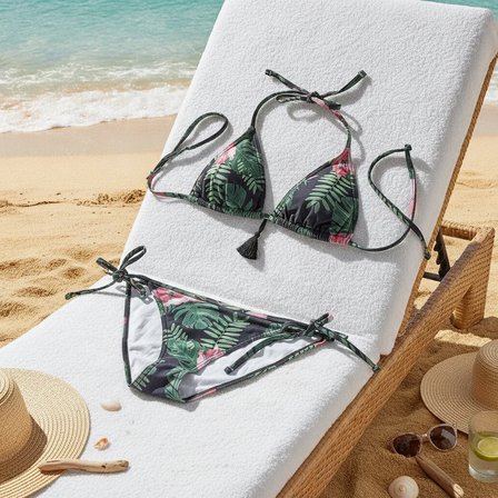 Kadın Plaj Giyim Yeşil Desenli Bikini Takım BB2637