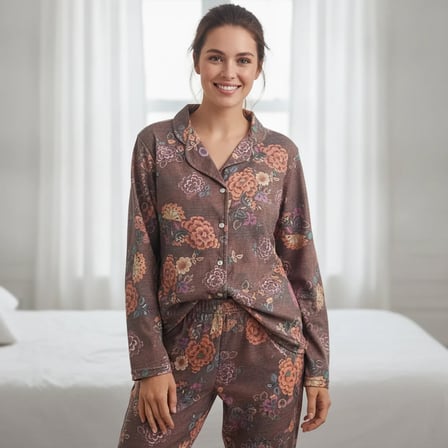 Kadın Giyim Önden Düğmeli Baskılı Pijama Takımı BB2671