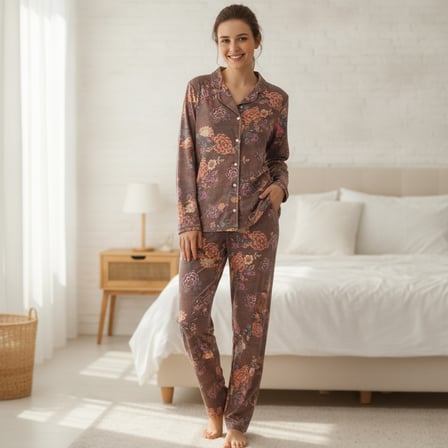 Kadın Giyim Önden Düğmeli Baskılı Pijama Takımı BB2671