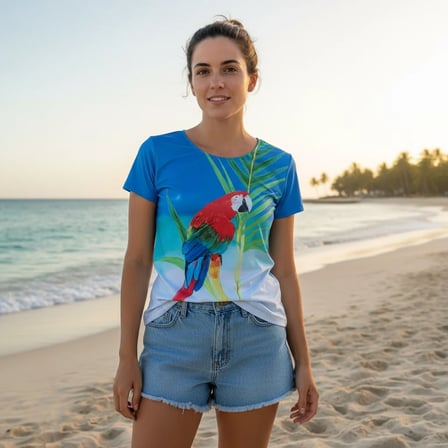 Kadın Plaj Giyim Mavi Renk Baskılı Kısa Kollu Tshirt BB2727