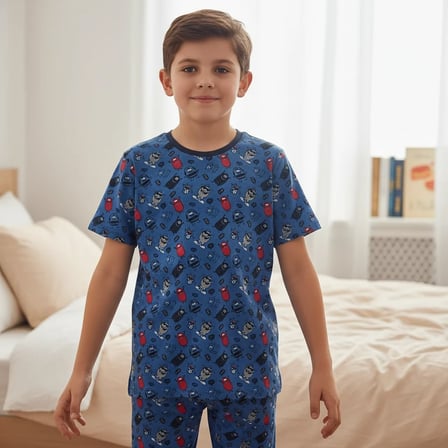 Çocuk Sevimli Canavar Baskılı Mavi Renk 2'li Takım CB1062