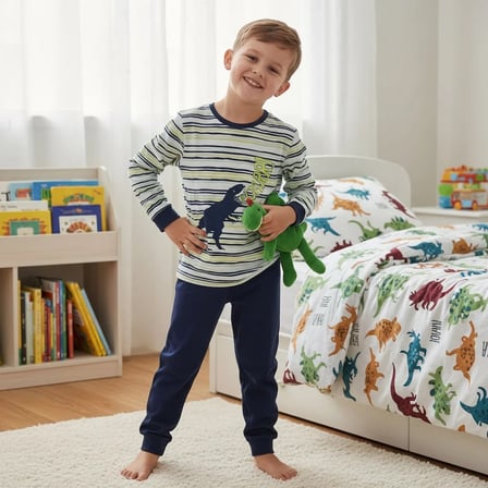 Erkek Çocuk Dinazor Baskılı Uzun Kollu Ekru Çizgili Desenli 2'li Takım CB1070