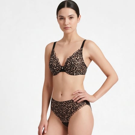 Kadın Tül Dantel Kumaş Leopar Desen Balenli Desteksiz Sütyen ve Dantel String 2'li Takım Bedenler için Ayrı Ayrı Sepete Ekleyiniz (Siyah Seçim Sütyen) (Renkli Seçim Külot) BB2845