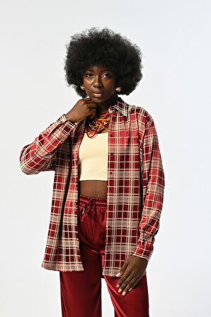 KADIN BORDO RENK EKOSE DESENLİ OVERSİZE KESİM GÖMLEK