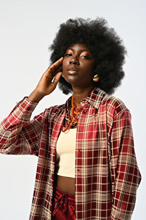 KADIN BORDO RENK EKOSE DESENLİ OVERSİZE KESİM GÖMLEK