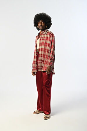 KADIN BORDO RENK EKOSE DESENLİ OVERSİZE KESİM GÖMLEK