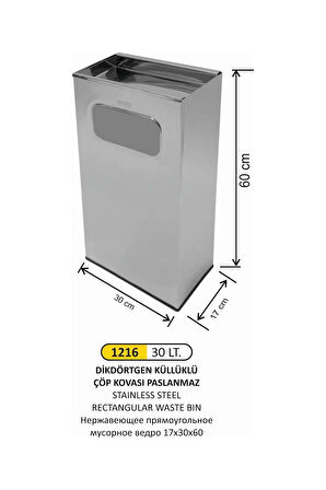 Paslanmaz Çelik Küllüklü Dikdörtgen Çöp Kovası