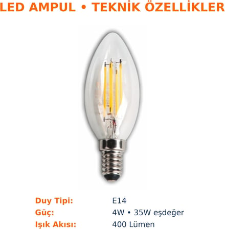 LED Rustik Mum Buji Ampul – E14 Duy, 4W (35W Eşdeğer), 3000K Günışığı, 400 Lümen – 220-240V, 3.5x10 cm – 10’lu Paket