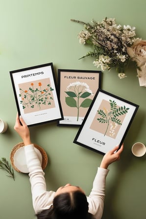 Siyah Çerçeveli 3’lü Tablo Seti Printemps – Bej Botanik Stil Ofis Set 30069, 15 x 21