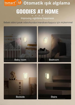 Tsmart Sensörlü LED Gece Lambası Prize Takılan Otomatik Karanlık Sensörlü Gece Işığı Bebek Odası Koridor Yatak Odası TS-N24