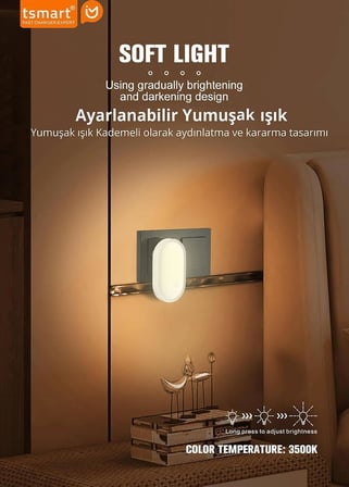 Tsmart Sensörlü LED Gece Lambası Prize Takılan Otomatik Karanlık Sensörlü Gece Işığı Bebek Odası Koridor Yatak Odası TS-N24