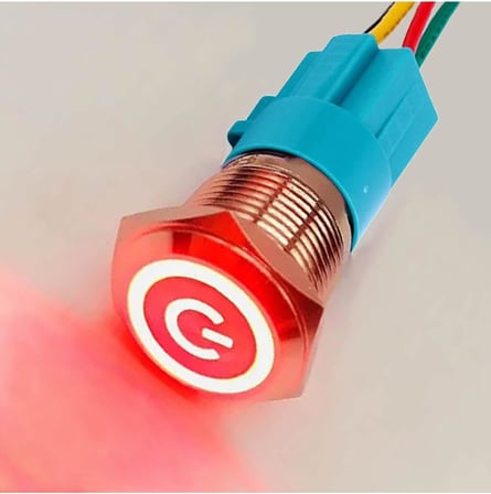 16mm Kırmızı Power Sembol Ledli Kablolu Push Tip Metal Button Panel Montaj Düz Kafa NO NC DC DVM.101.280