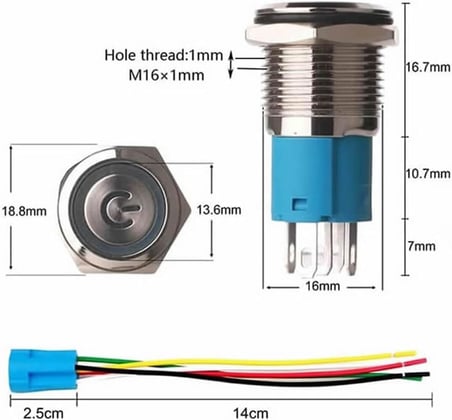 16mm Kırmızı Power Sembol Ledli Kablolu Push Tip Metal Button Panel Montaj Düz Kafa NO NC DC DVM.101.280