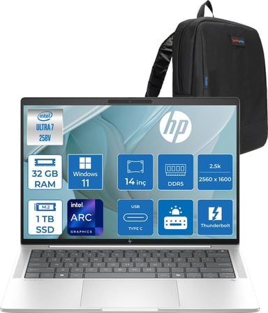 Hp Elitebook x G1I Next Gen Aı Intel® Core™ Ultra 7 258V  32GB Ddr5 1tb SSD 14" Intel® Arc™ Grafik 2.5k (2560 x 1600), Ips, 120 Hz 400 Nits, WIN11HOME Taşınabilir Bilgisayar D30NVETH13+ZETTAÇANTA