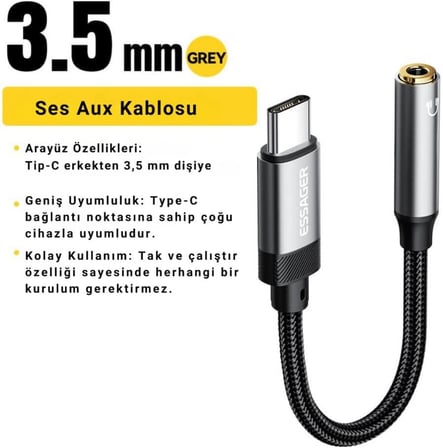 Essager 15CM Type C To 3.5mm Aux Kulaklık Ses Dönüştürücü Adaptör, Hifi Ses Destekli Aux Çevirici