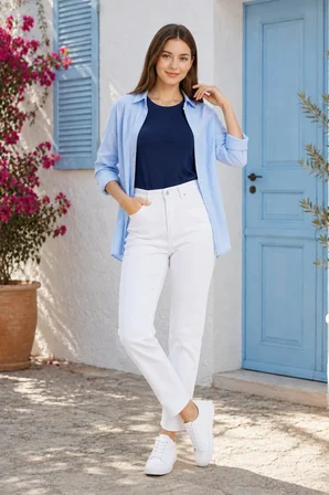 Kadın Beyaz Mom Jeans Yüksek Bel Denim Kot Pantolon