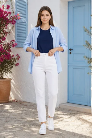 Kadın Beyaz Mom Jeans Yüksek Bel Denim Kot Pantolon