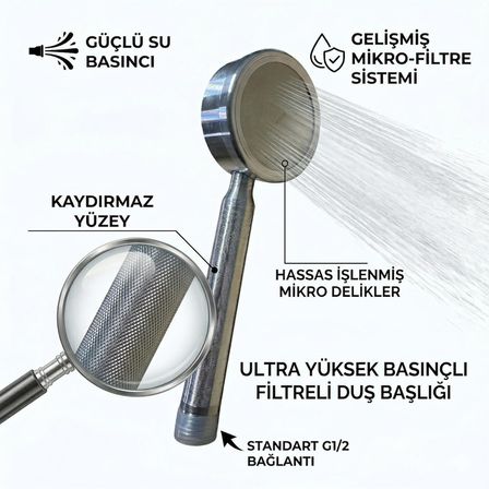 Paslanmaz İnox El Duş Başlığı, Yüksek Basınçlı, Mikro Filtre Sistemli, Kaydırmaz Yüzey