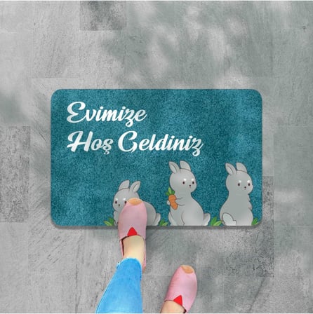 M&amp;H Quality(362) Dijital Baskılı kapı önü paspas Hoşgeldiniz Yazılı Çiçek Desen ve tavşan Iç ve Dış Kapı Yıkanabilir siyah ve mavi 45 x 70
