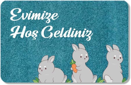 M&amp;H Quality(362) Dijital Baskılı kapı önü paspas Hoşgeldiniz Yazılı Çiçek Desen ve tavşan Iç ve Dış Kapı Yıkanabilir siyah ve mavi 45 x 70