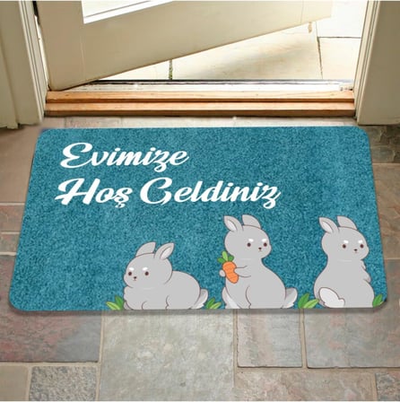 M&amp;H Quality(362) Dijital Baskılı kapı önü paspas Hoşgeldiniz Yazılı Çiçek Desen ve tavşan Iç ve Dış Kapı Yıkanabilir siyah ve mavi 45 x 70