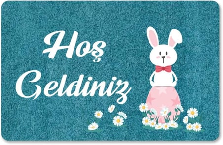 M&amp;H Quality(362) Dijital Baskılı kapı önü paspas Hoşgeldiniz Yazılı Çiçek Desen ve tavşan Iç ve Dış Kapı Yıkanabilir siyah ve mavi 45 x 70