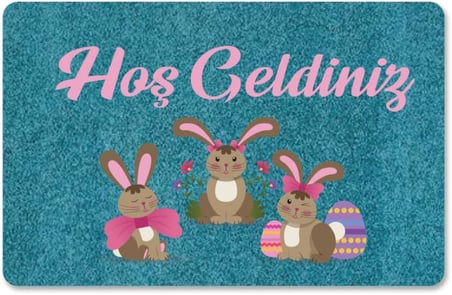 M&amp;H Quality(362) Dijital Baskılı kapı önü paspas Hoşgeldiniz Yazılı Çiçek Desen ve tavşan Iç ve Dış Kapı Yıkanabilir siyah ve mavi 45 x 70