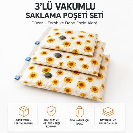 3'lü Vakumlu Hurç Saklama Seti Şeffaf Ön Yüzlü Yorgan Battaniye Kıyafet Düzenleme ve Depolama Poşeti