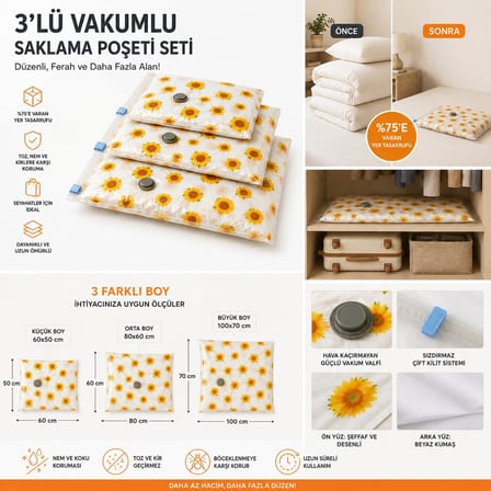 3'lü Vakumlu Hurç Saklama Seti Şeffaf Ön Yüzlü Yorgan Battaniye Kıyafet Düzenleme ve Depolama Poşeti