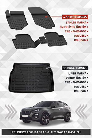 Sahler Peugeot 2008 2019+ Uyumlu 4.5d Premium Havuzlu Paspas ve Liner Marka 3D ALT Bagaj Havuzu